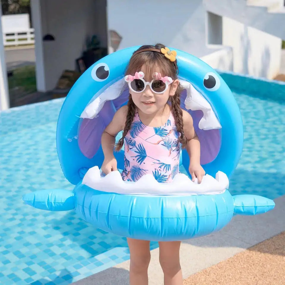 Baby Float Swimming Pool Toddler Floaties with Inflatable Canopy Shark Infant Pool Float for Kids Baby Swimming Pool Float Ring