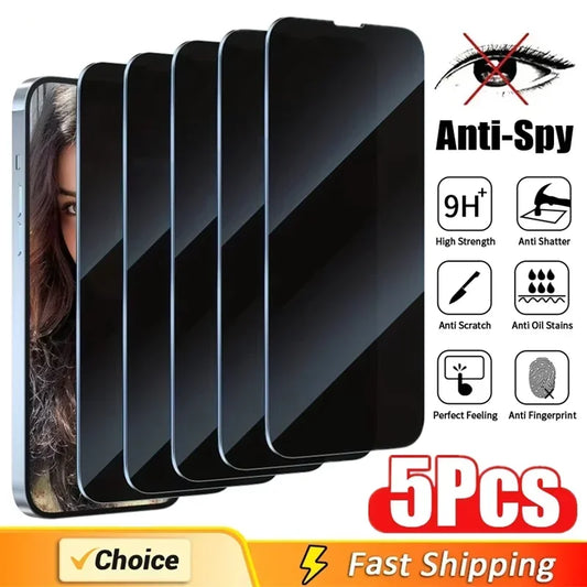 5 vnt. ekrano apsaugos stikliukai su užtamsinimu   iPhone 16 11 12 13 14 Pro Max Mini 8K Anti-spy Glass For iPhone 15 PRO XR X XS MAX