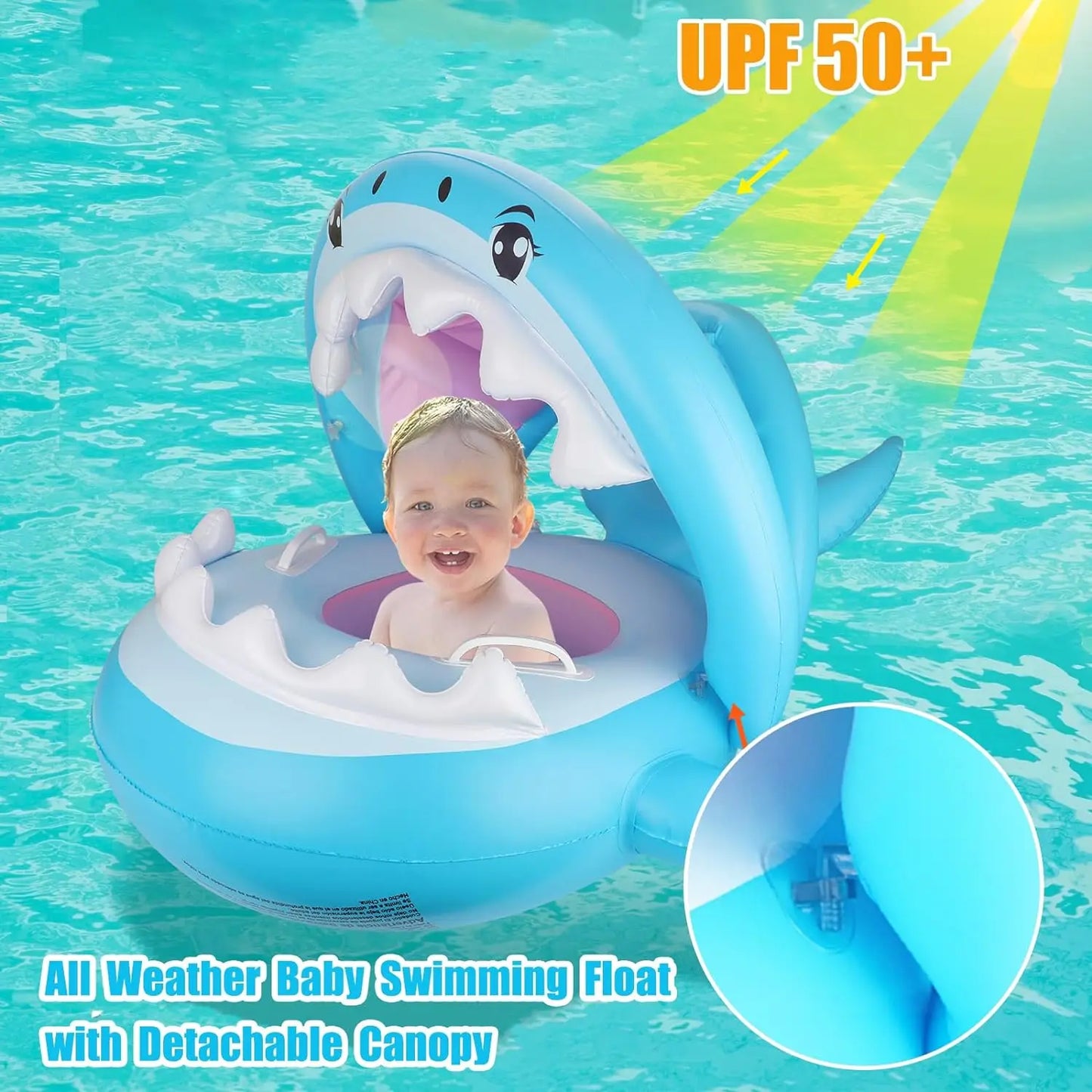 Baby Float Swimming Pool Toddler Floaties with Inflatable Canopy Shark Infant Pool Float for Kids Baby Swimming Pool Float Ring